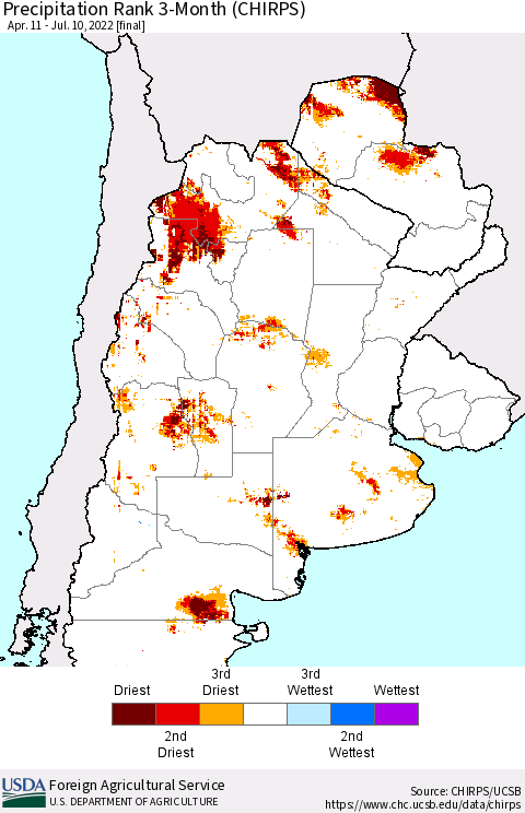 Southern South America Precipitation Rank 3-Month (CHIRPS) Thematic Map For 4/11/2022 - 7/10/2022