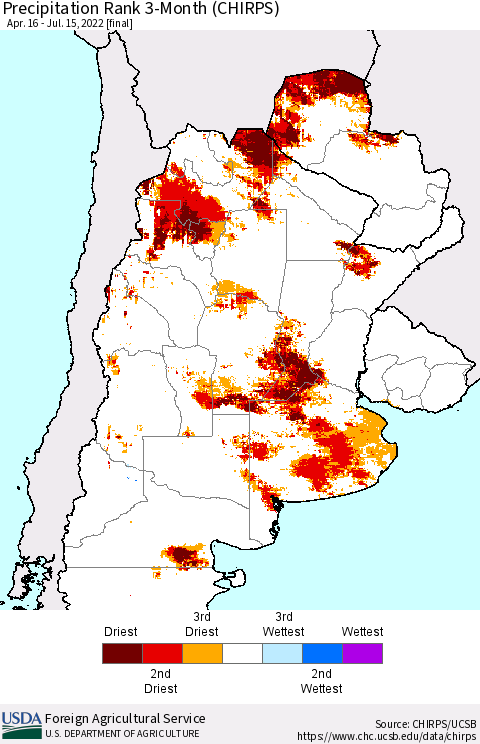 Southern South America Precipitation Rank 3-Month (CHIRPS) Thematic Map For 4/16/2022 - 7/15/2022