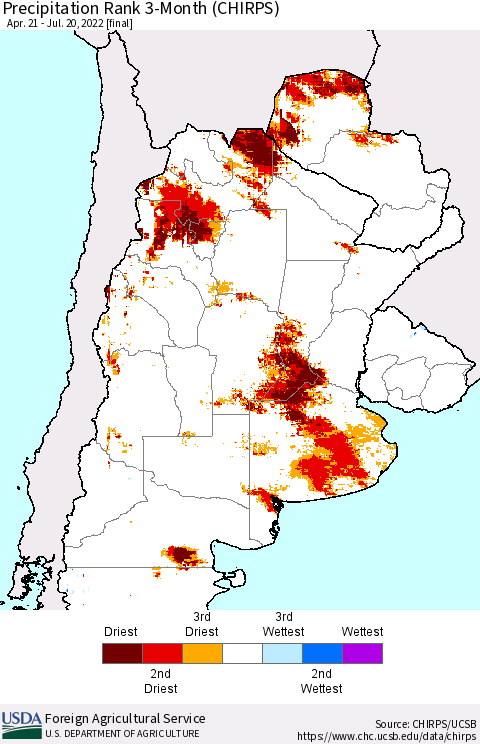 Southern South America Precipitation Rank 3-Month (CHIRPS) Thematic Map For 4/21/2022 - 7/20/2022