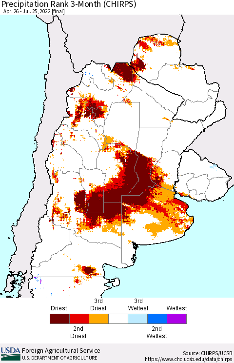 Southern South America Precipitation Rank 3-Month (CHIRPS) Thematic Map For 4/26/2022 - 7/25/2022