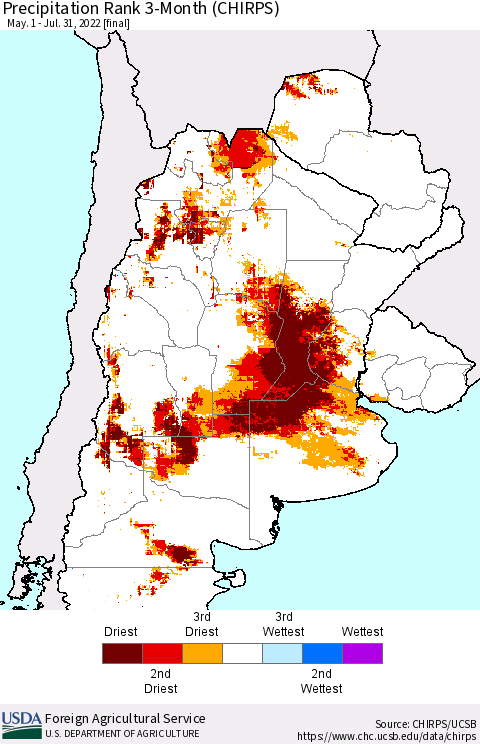 Southern South America Precipitation Rank 3-Month (CHIRPS) Thematic Map For 5/1/2022 - 7/31/2022