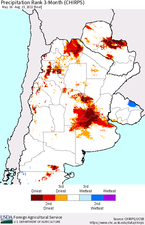 Southern South America Precipitation Rank 3-Month (CHIRPS) Thematic Map For 5/16/2022 - 8/15/2022