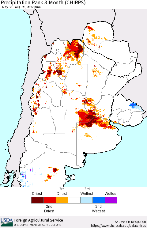 Southern South America Precipitation Rank 3-Month (CHIRPS) Thematic Map For 5/21/2022 - 8/20/2022