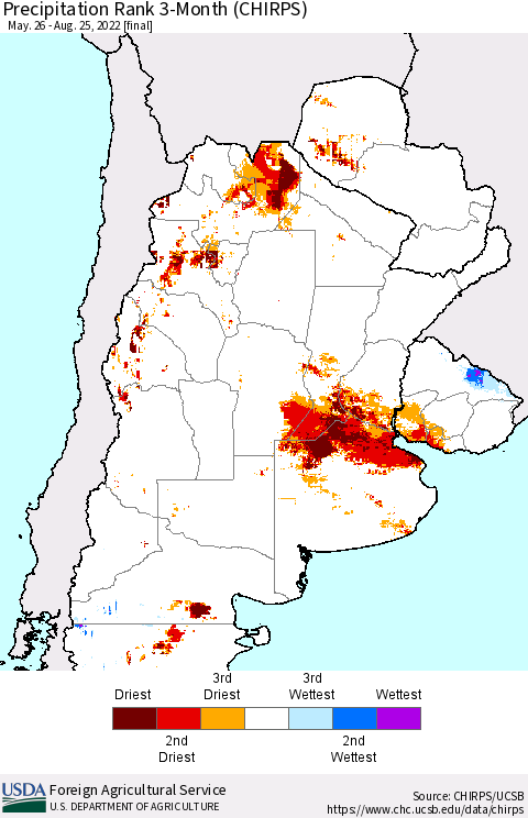 Southern South America Precipitation Rank since 1981, 3-Month (CHIRPS) Thematic Map For 5/26/2022 - 8/25/2022