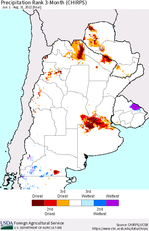 Southern South America Precipitation Rank 3-Month (CHIRPS) Thematic Map For 6/1/2022 - 8/31/2022