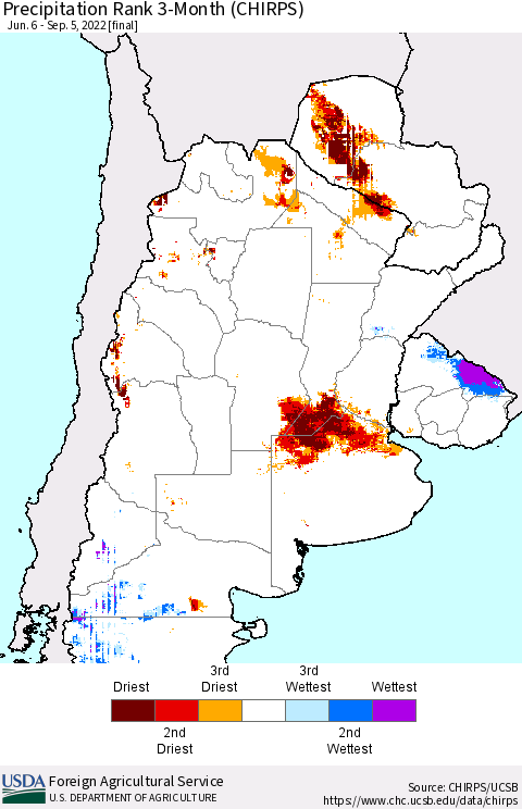 Southern South America Precipitation Rank 3-Month (CHIRPS) Thematic Map For 6/6/2022 - 9/5/2022