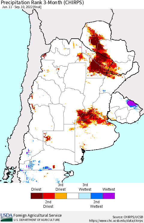 Southern South America Precipitation Rank since 1981, 3-Month (CHIRPS) Thematic Map For 6/11/2022 - 9/10/2022