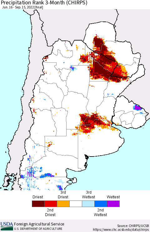 Southern South America Precipitation Rank 3-Month (CHIRPS) Thematic Map For 6/16/2022 - 9/15/2022