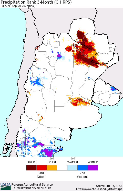 Southern South America Precipitation Rank 3-Month (CHIRPS) Thematic Map For 6/21/2022 - 9/20/2022