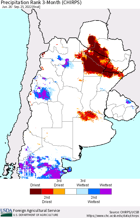 Southern South America Precipitation Rank since 1981, 3-Month (CHIRPS) Thematic Map For 6/26/2022 - 9/25/2022