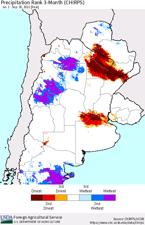 Southern South America Precipitation Rank 3-Month (CHIRPS) Thematic Map For 7/1/2022 - 9/30/2022