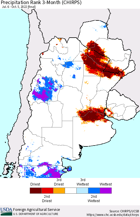 Southern South America Precipitation Rank 3-Month (CHIRPS) Thematic Map For 7/6/2022 - 10/5/2022
