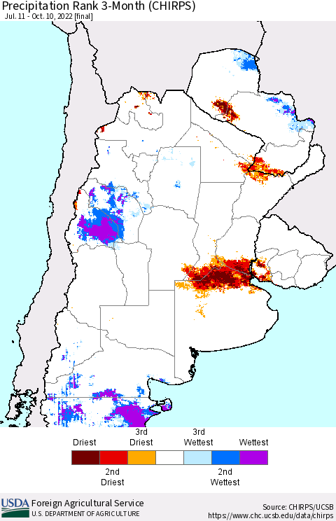 Southern South America Precipitation Rank since 1981, 3-Month (CHIRPS) Thematic Map For 7/11/2022 - 10/10/2022