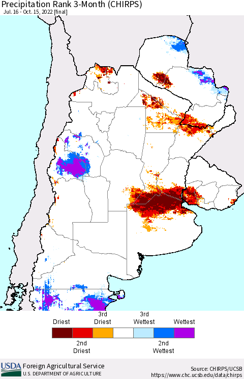 Southern South America Precipitation Rank 3-Month (CHIRPS) Thematic Map For 7/16/2022 - 10/15/2022