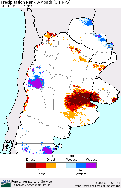 Southern South America Precipitation Rank since 1981, 3-Month (CHIRPS) Thematic Map For 7/21/2022 - 10/20/2022