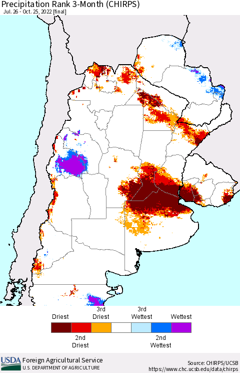 Southern South America Precipitation Rank 3-Month (CHIRPS) Thematic Map For 7/26/2022 - 10/25/2022
