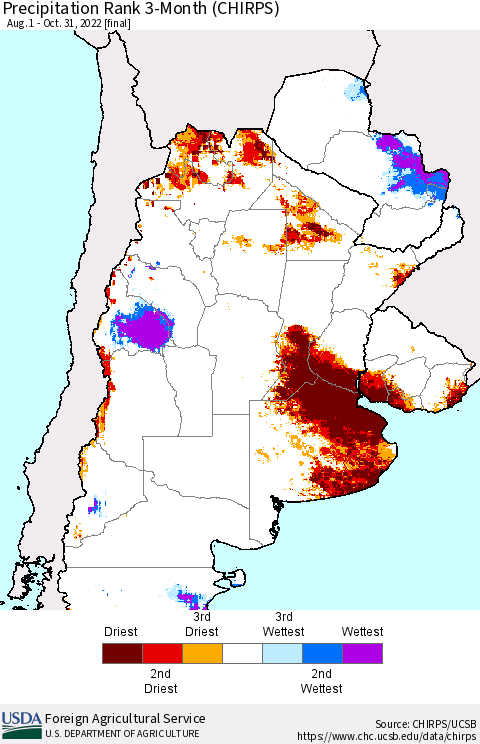 Southern South America Precipitation Rank 3-Month (CHIRPS) Thematic Map For 8/1/2022 - 10/31/2022
