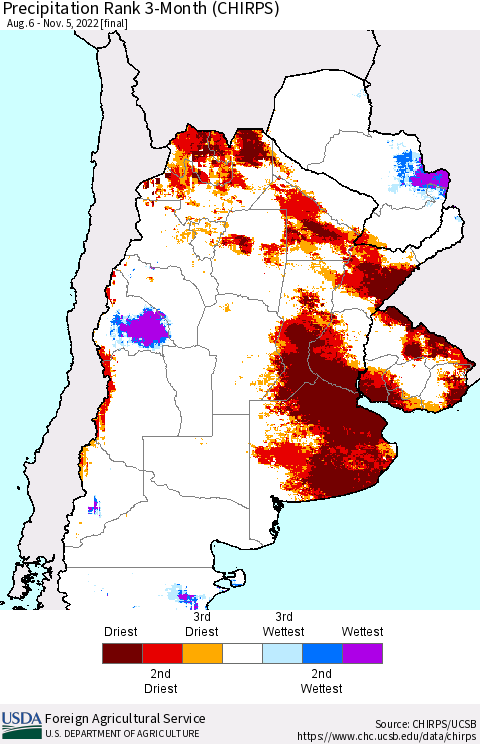 Southern South America Precipitation Rank 3-Month (CHIRPS) Thematic Map For 8/6/2022 - 11/5/2022