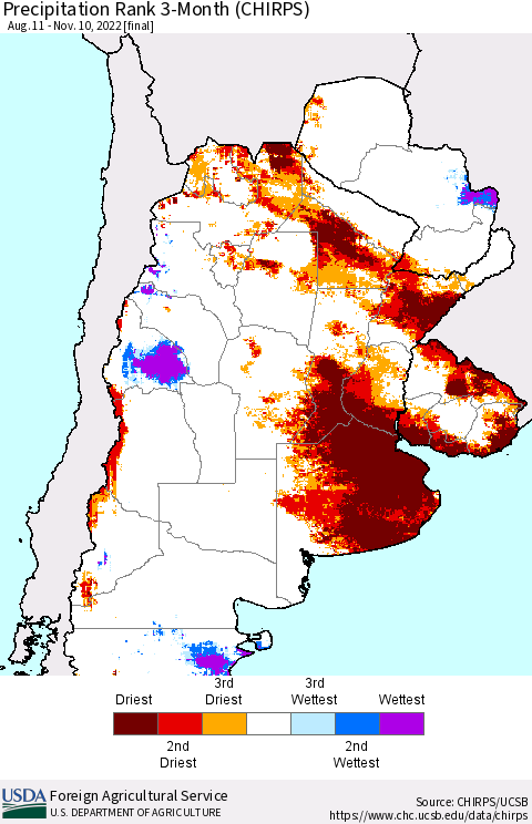 Southern South America Precipitation Rank since 1981, 3-Month (CHIRPS) Thematic Map For 8/11/2022 - 11/10/2022