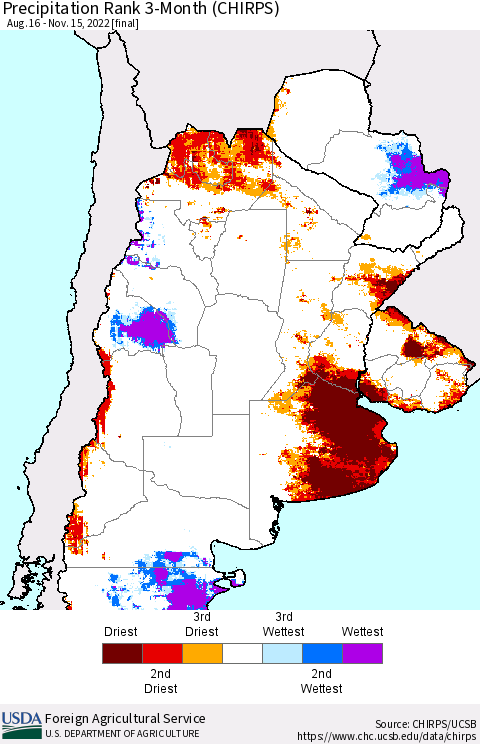 Southern South America Precipitation Rank since 1981, 3-Month (CHIRPS) Thematic Map For 8/16/2022 - 11/15/2022