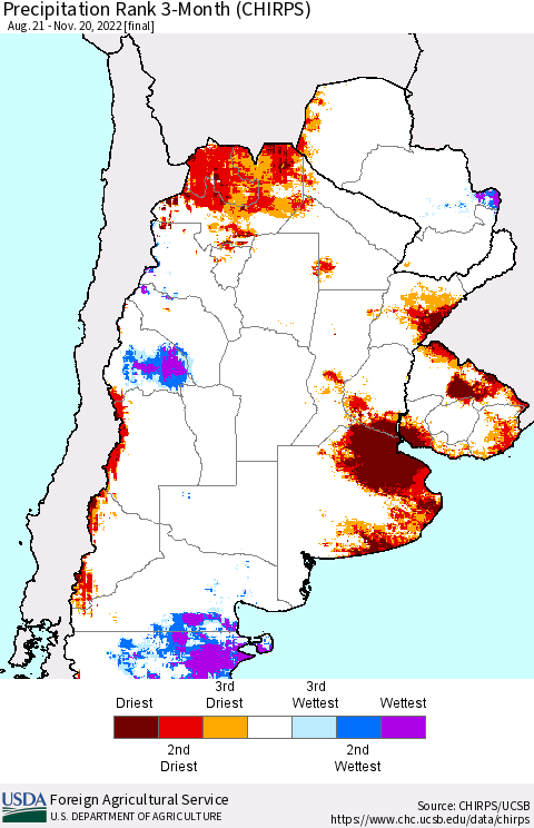 Southern South America Precipitation Rank since 1981, 3-Month (CHIRPS) Thematic Map For 8/21/2022 - 11/20/2022