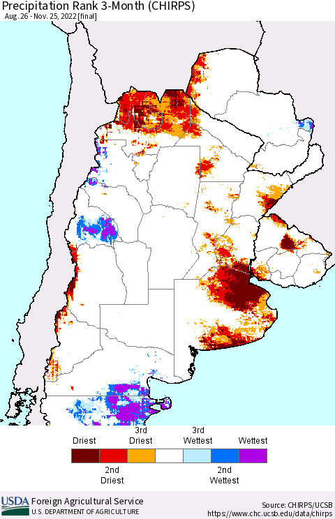 Southern South America Precipitation Rank 3-Month (CHIRPS) Thematic Map For 8/26/2022 - 11/25/2022