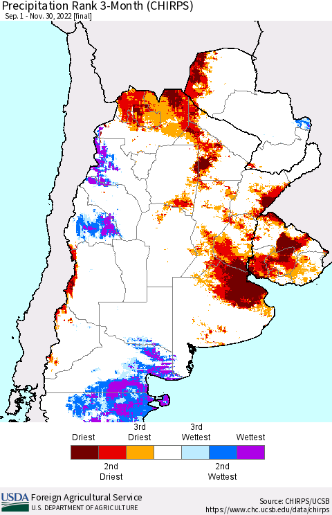Southern South America Precipitation Rank 3-Month (CHIRPS) Thematic Map For 9/1/2022 - 11/30/2022