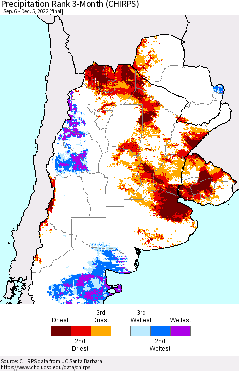 Southern South America Precipitation Rank 3-Month (CHIRPS) Thematic Map For 9/6/2022 - 12/5/2022