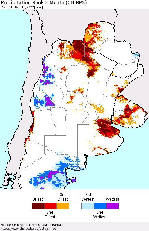 Southern South America Precipitation Rank 3-Month (CHIRPS) Thematic Map For 9/11/2022 - 12/10/2022