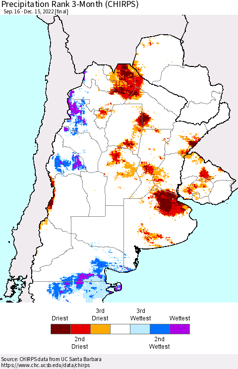 Southern South America Precipitation Rank 3-Month (CHIRPS) Thematic Map For 9/16/2022 - 12/15/2022