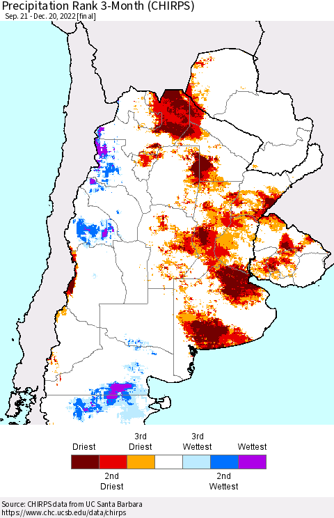 Southern South America Precipitation Rank since 1981, 3-Month (CHIRPS) Thematic Map For 9/21/2022 - 12/20/2022