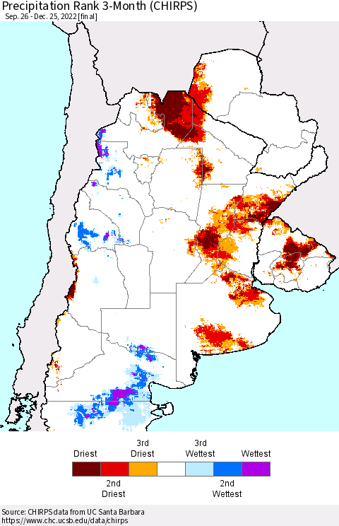 Southern South America Precipitation Rank 3-Month (CHIRPS) Thematic Map For 9/26/2022 - 12/25/2022