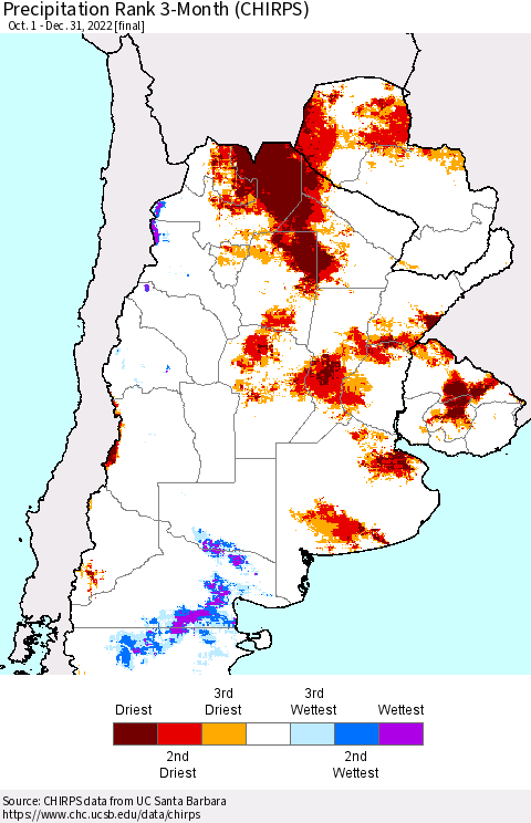Southern South America Precipitation Rank 3-Month (CHIRPS) Thematic Map For 10/1/2022 - 12/31/2022