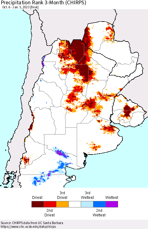 Southern South America Precipitation Rank 3-Month (CHIRPS) Thematic Map For 10/6/2022 - 1/5/2023