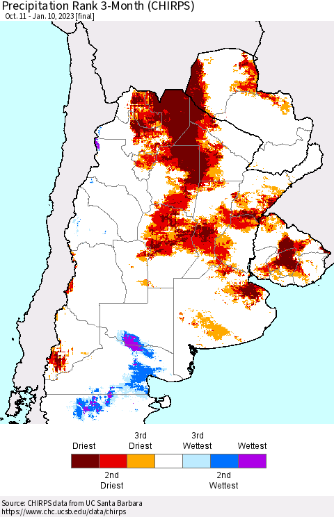 Southern South America Precipitation Rank since 1981, 3-Month (CHIRPS) Thematic Map For 10/11/2022 - 1/10/2023