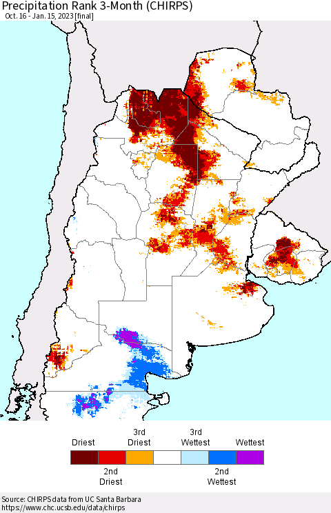 Southern South America Precipitation Rank 3-Month (CHIRPS) Thematic Map For 10/16/2022 - 1/15/2023
