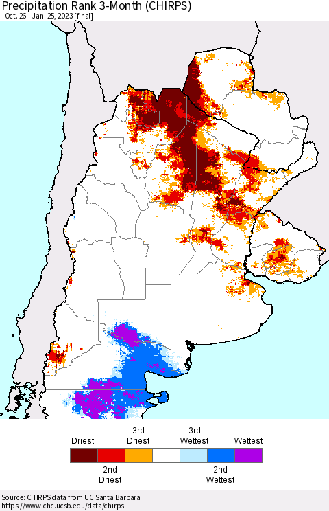 Southern South America Precipitation Rank 3-Month (CHIRPS) Thematic Map For 10/26/2022 - 1/25/2023