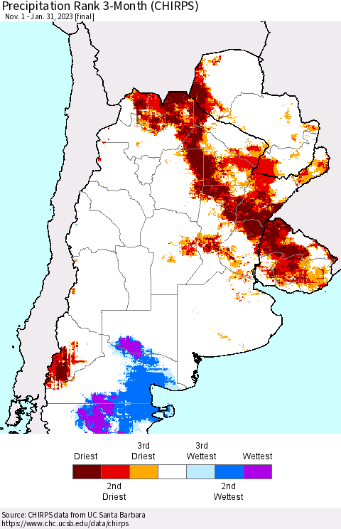 Southern South America Precipitation Rank 3-Month (CHIRPS) Thematic Map For 11/1/2022 - 1/31/2023