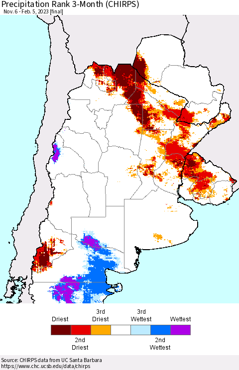 Southern South America Precipitation Rank 3-Month (CHIRPS) Thematic Map For 11/6/2022 - 2/5/2023