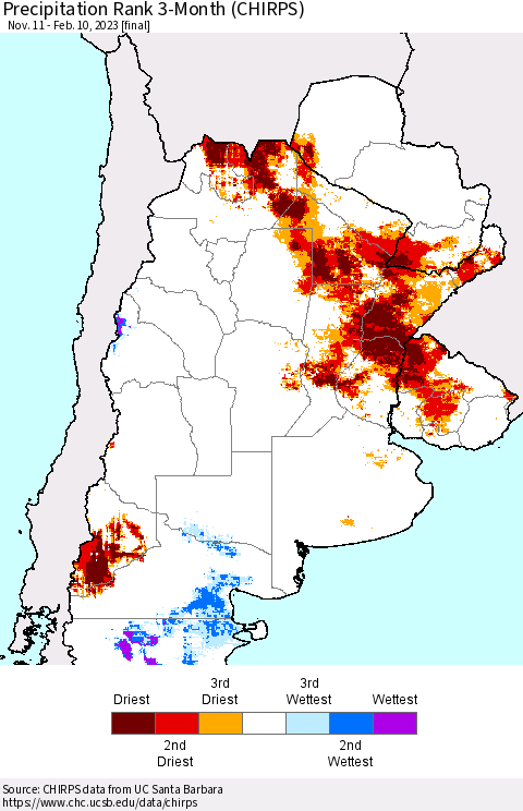 Southern South America Precipitation Rank since 1981, 3-Month (CHIRPS) Thematic Map For 11/11/2022 - 2/10/2023