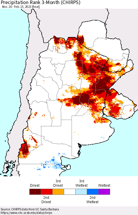 Southern South America Precipitation Rank 3-Month (CHIRPS) Thematic Map For 11/16/2022 - 2/15/2023