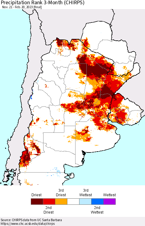 Southern South America Precipitation Rank 3-Month (CHIRPS) Thematic Map For 11/21/2022 - 2/20/2023
