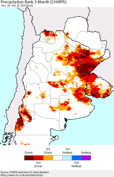 Southern South America Precipitation Rank since 1981, 3-Month (CHIRPS) Thematic Map For 11/26/2022 - 2/25/2023