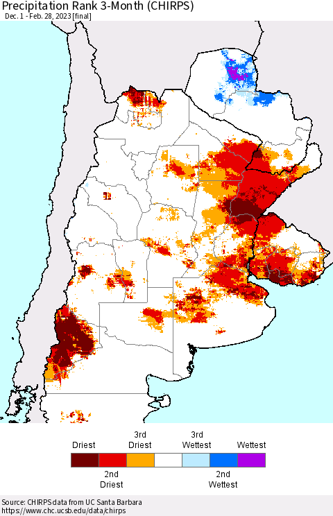 Southern South America Precipitation Rank 3-Month (CHIRPS) Thematic Map For 12/1/2022 - 2/28/2023