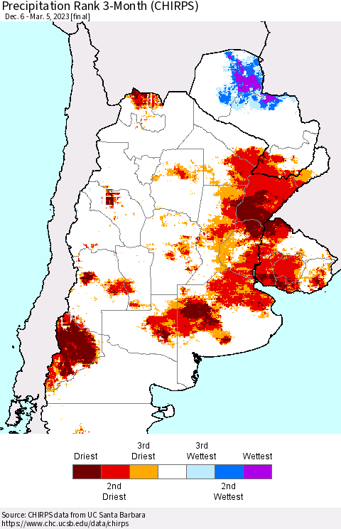 Southern South America Precipitation Rank since 1981, 3-Month (CHIRPS) Thematic Map For 12/6/2022 - 3/5/2023