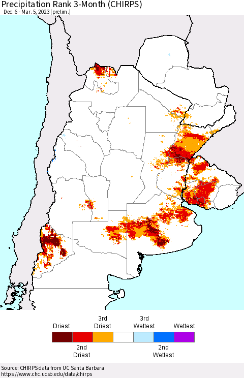 Southern South America Precipitation Rank 3-Month (CHIRPS) Thematic Map For 12/6/2022 - 3/5/2023