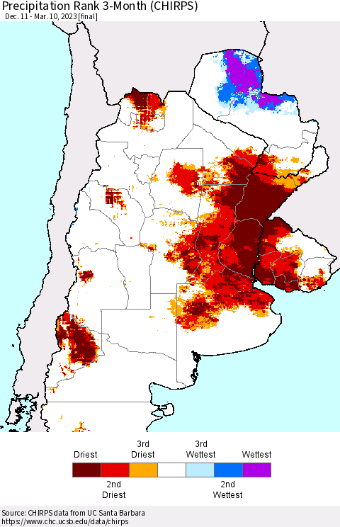 Southern South America Precipitation Rank since 1981, 3-Month (CHIRPS) Thematic Map For 12/11/2022 - 3/10/2023