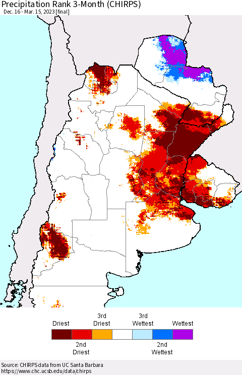 Southern South America Precipitation Rank since 1981, 3-Month (CHIRPS) Thematic Map For 12/16/2022 - 3/15/2023