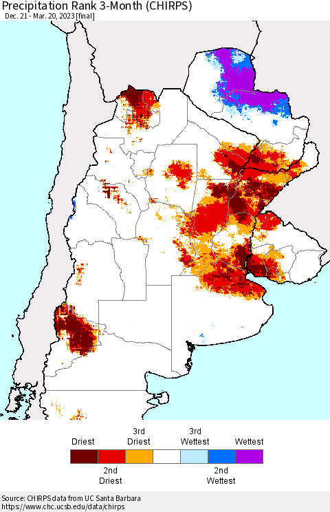 Southern South America Precipitation Rank since 1981, 3-Month (CHIRPS) Thematic Map For 12/21/2022 - 3/20/2023