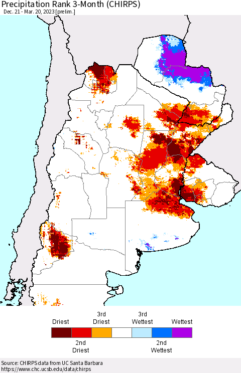 Southern South America Precipitation Rank 3-Month (CHIRPS) Thematic Map For 12/21/2022 - 3/20/2023